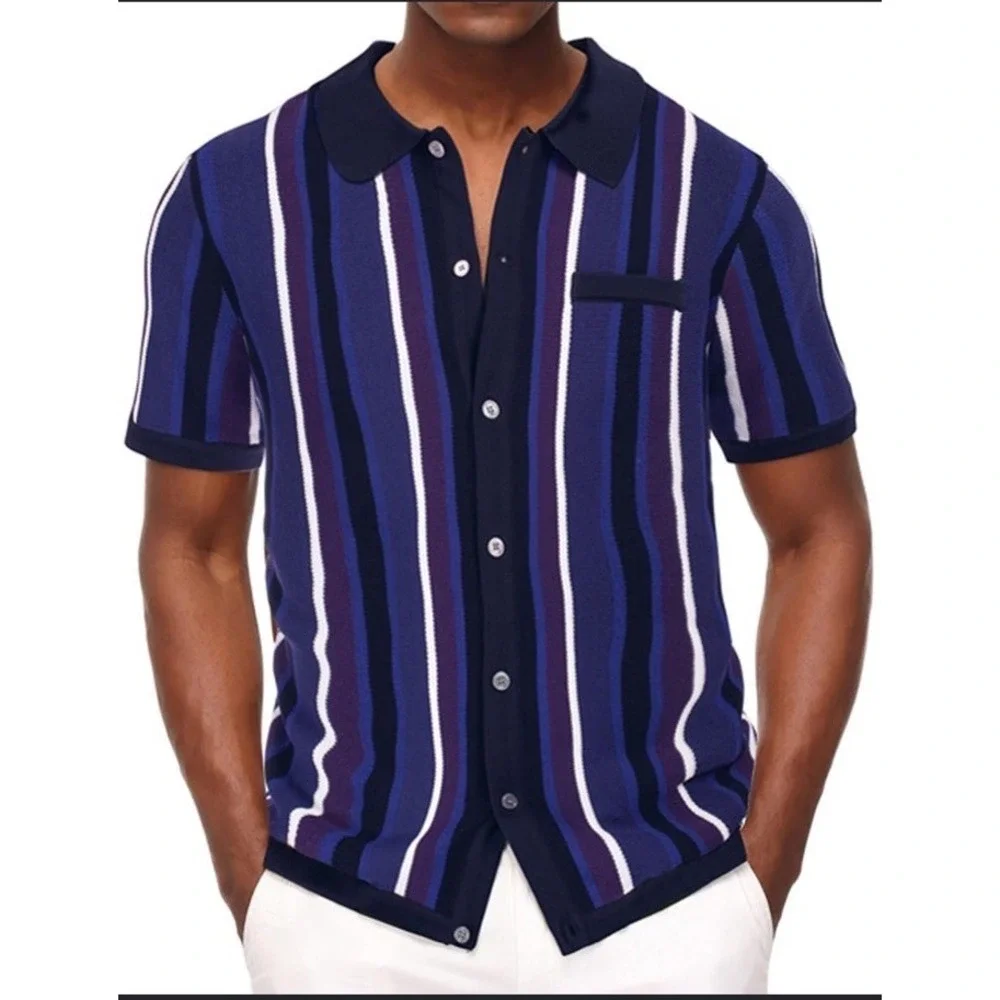 PJ Paul Jones Men's M Vintage Knit Blue Purple White Short Sleeve Sweater New!